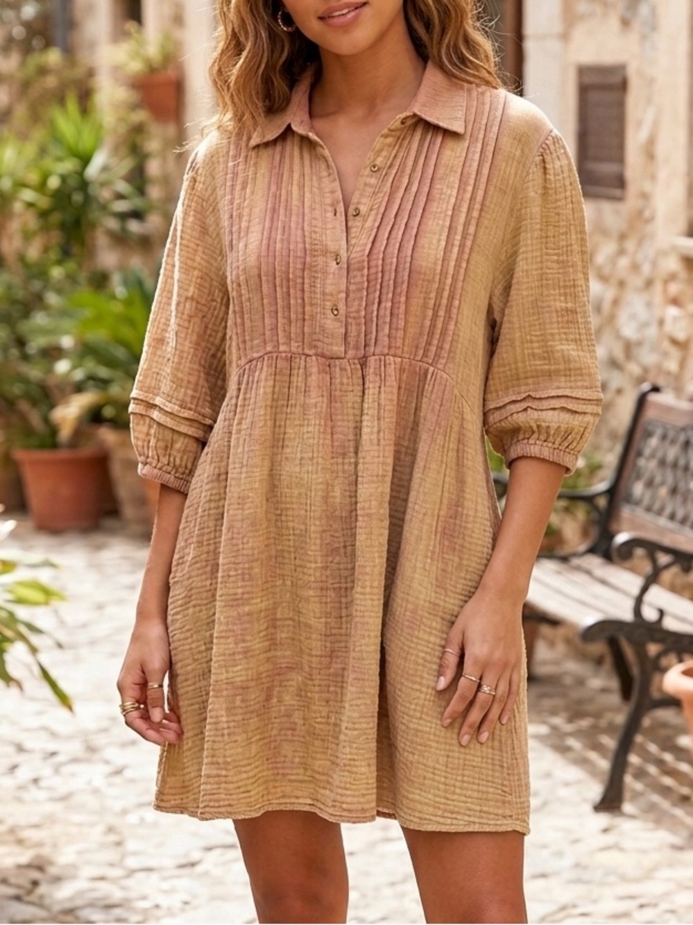 Umgee Gauze Peasant Top Gauze Mineral Washed 1/2 Button